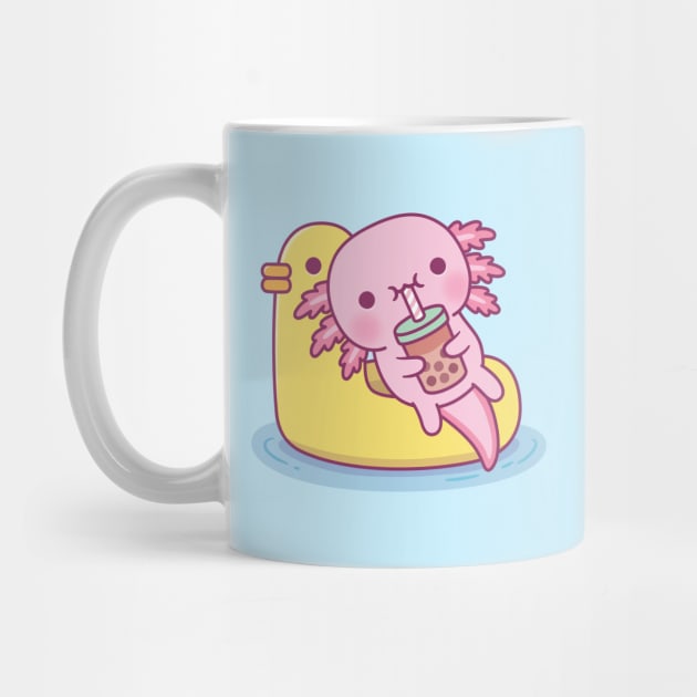 Cute Axolotl Chilling On Duck Pool Float Drinking Bubble Tea by rustydoodle